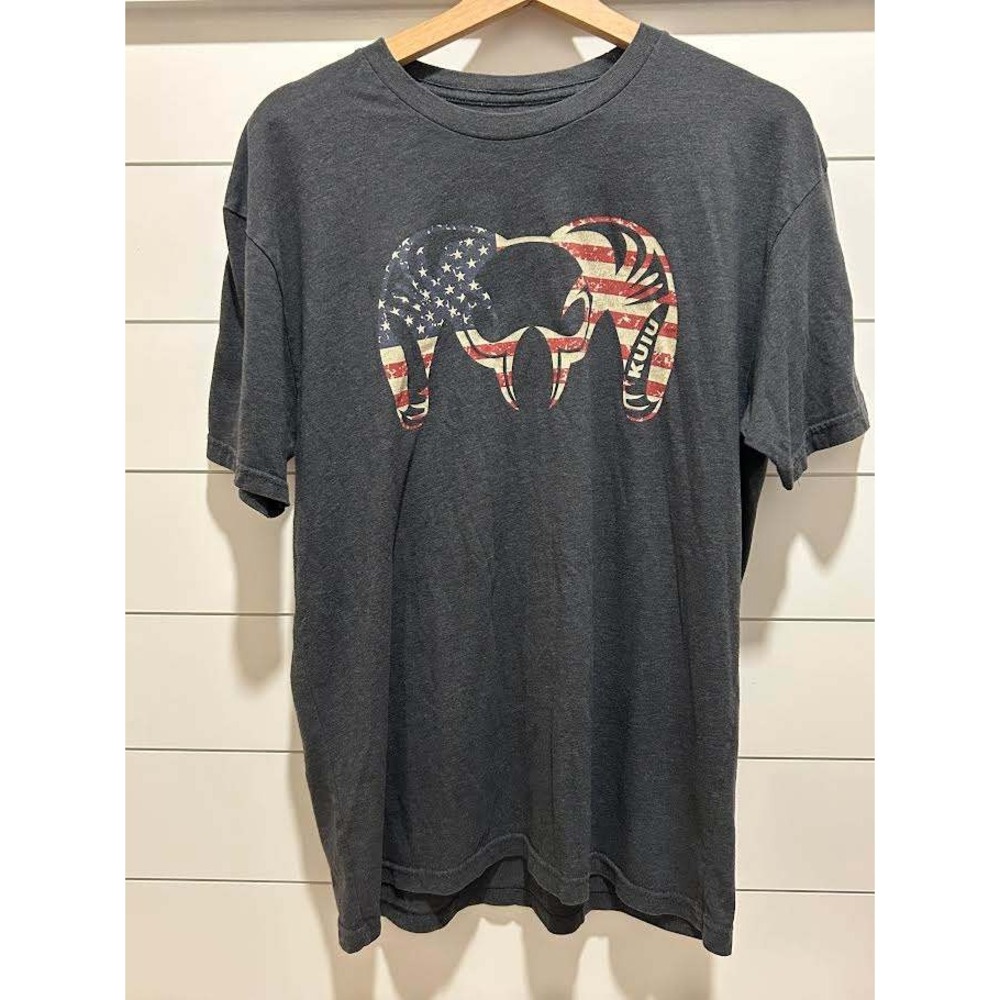 Kuiu Mens American Flag Ram Logo Graphic T-Shirt Charcoal Grey Size XL Hunt Fish